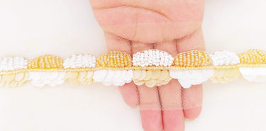 Beige Net Lace With Off White And Beige Sequins and Beads, Scallop Trim, Exclusive Laces
